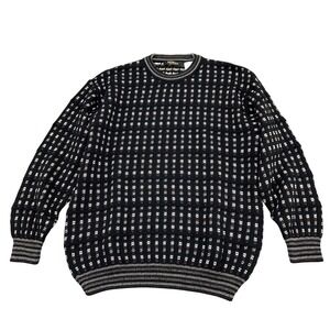 Bachrach Sweater Mens Large Black Brown Check Preppy Merino Wool 90s Italy VTG‎